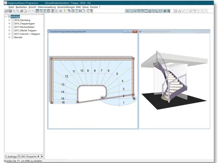 Plan 2D și model 3D al unei scări în Compass